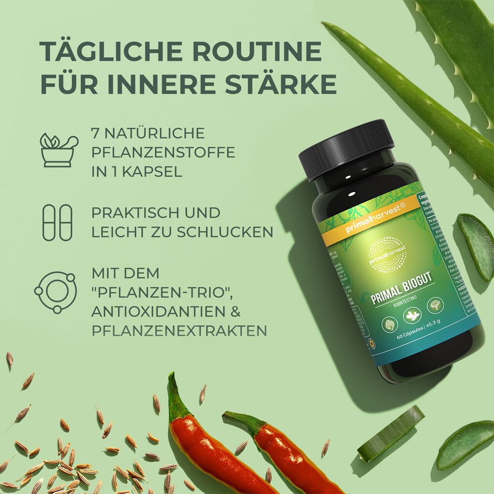 Flasche mit Kapseln neben Zutaten. Text: Primal Biogut. Grün-gelbes Etikett. Text: Tägliche Routine für innere Stärke.
