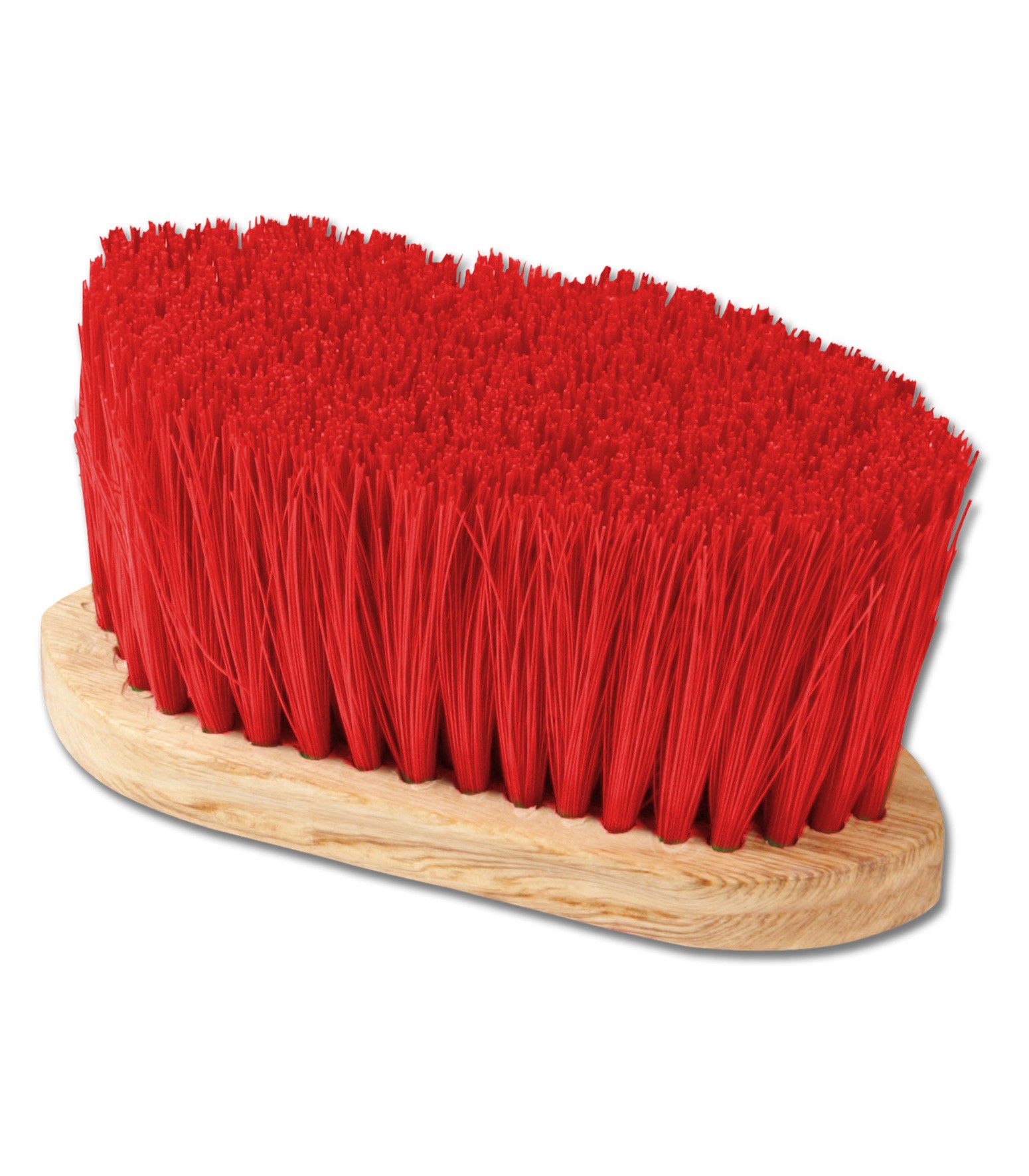 Bürste mit rotem Borstenfeld und Holzrücken. Abgerundete Form.