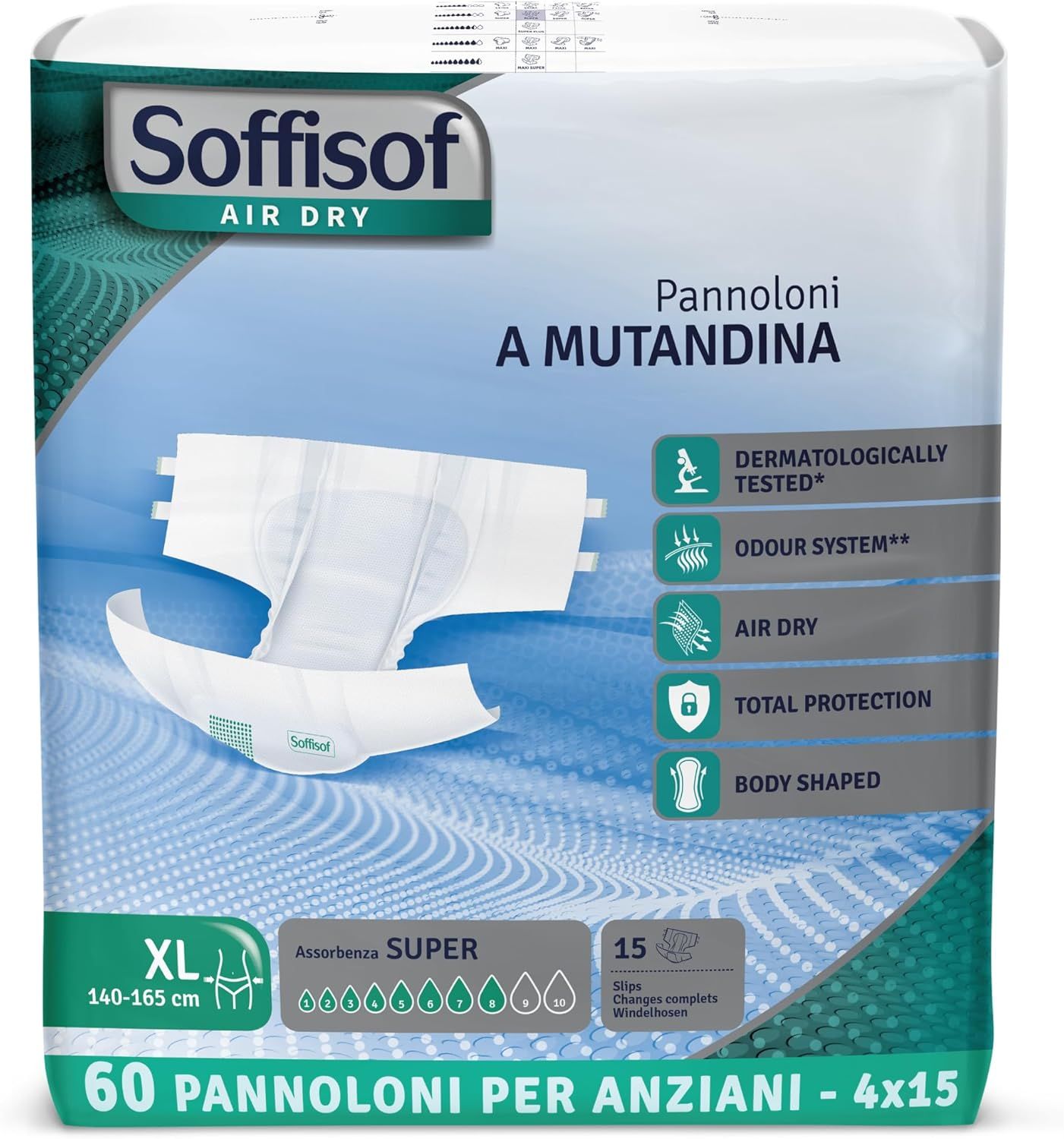 Soffisof Air Dry Windeln für Erwachsene Super. XL, 140-165 cm. 60 Stück. Dermatologisch getestet, Geruchssystem, Air Dry, Total Protection, Body Shaped.