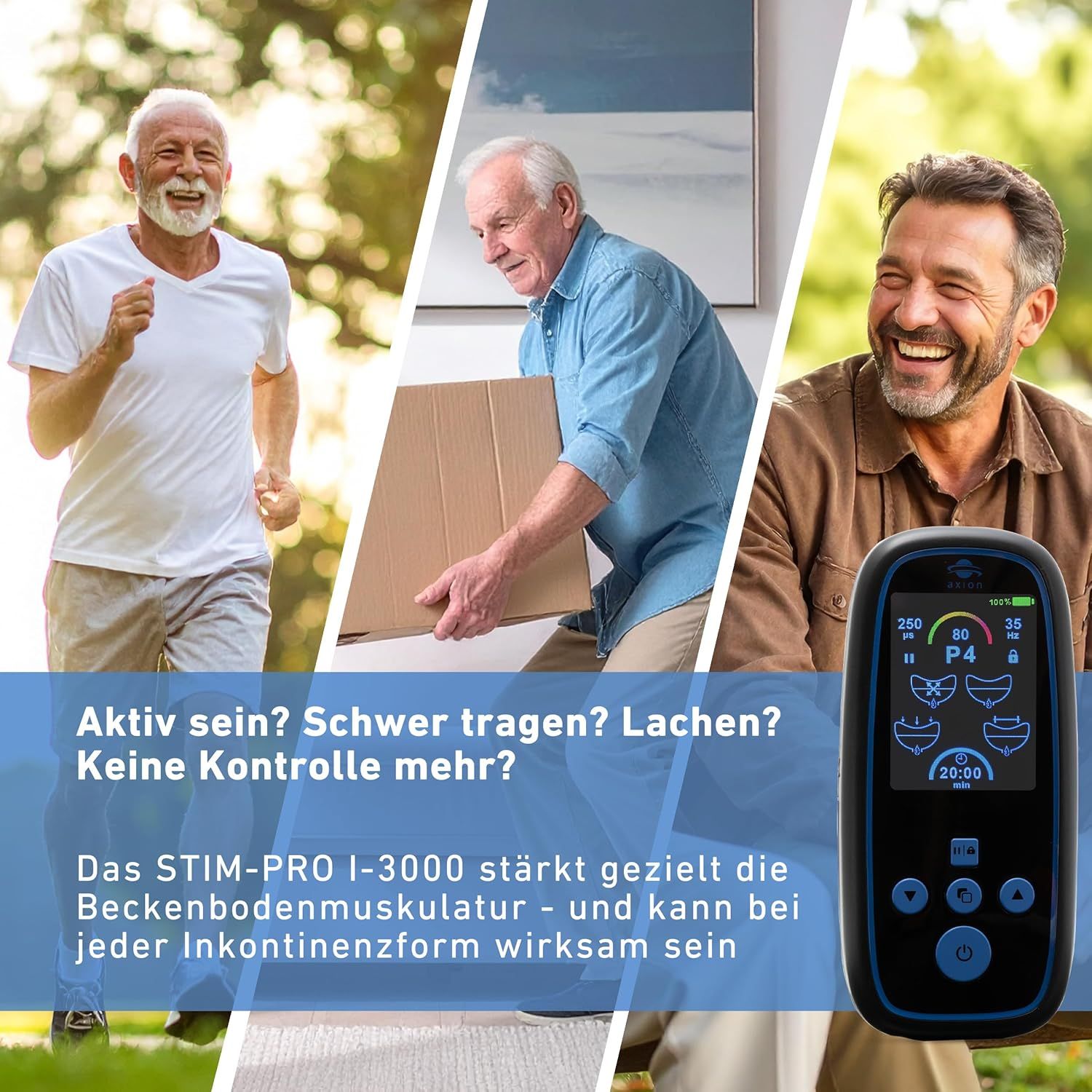 Schwarzes Gerät mit blauem Rahmen und Display. axion® Logo. Drei Personen im Hintergrund. Text: STIM-PRO I-3000 stärkt Beckenbodenmuskulatur.