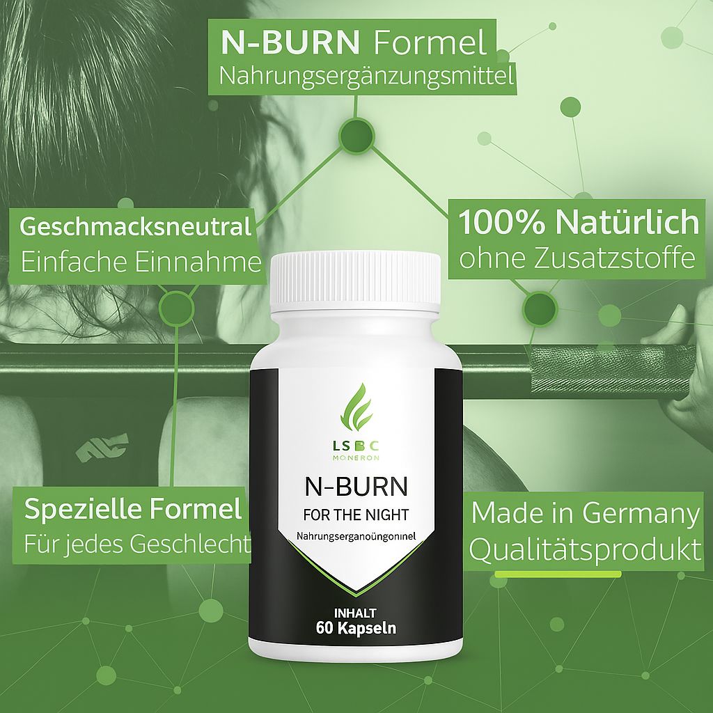 Flasche mit N-Burn for the Night. Zusätzliche Texte: N-Burn Formel, 100% natürlich, geschmacksneutral, Made in Germany.