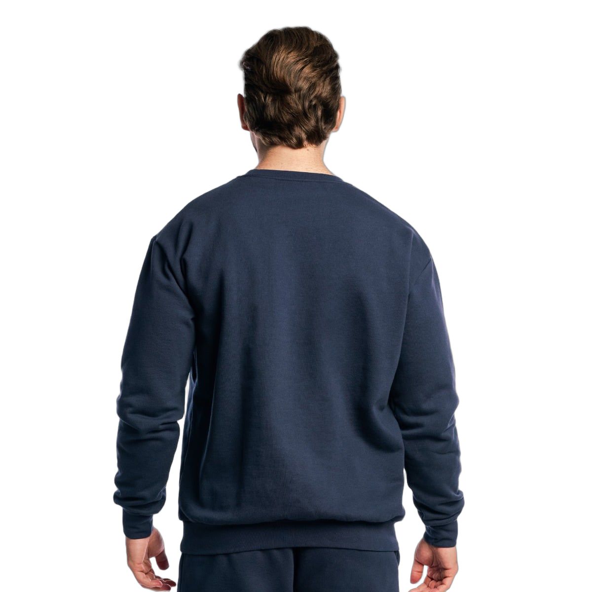 Rückansicht des dunkelblauen Herren Pullovers mit langen Ärmeln.