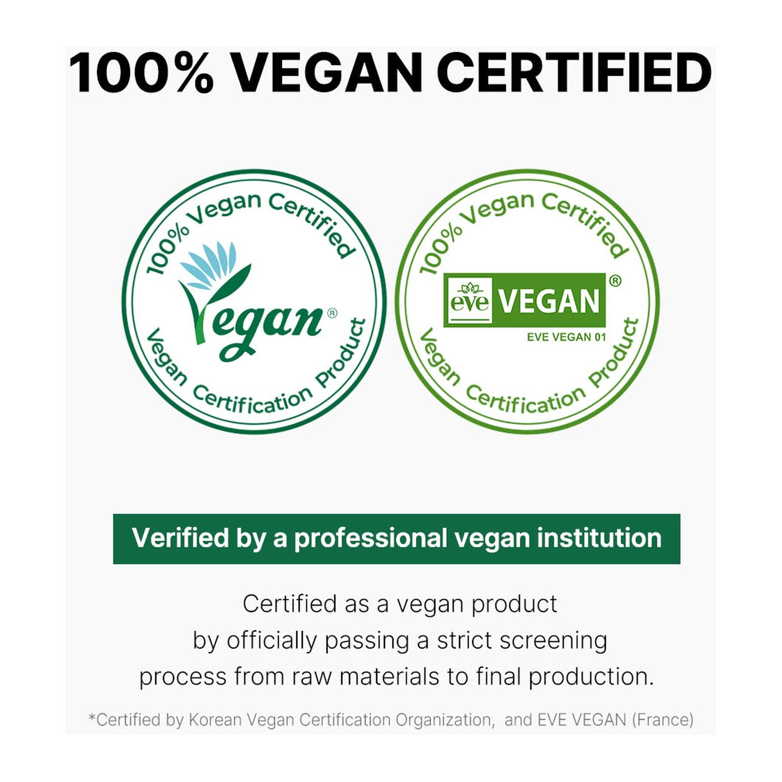 Zwei runde Siegel mit der Aufschrift '100% Vegan Certified' und 'EVE VEGAN'.
