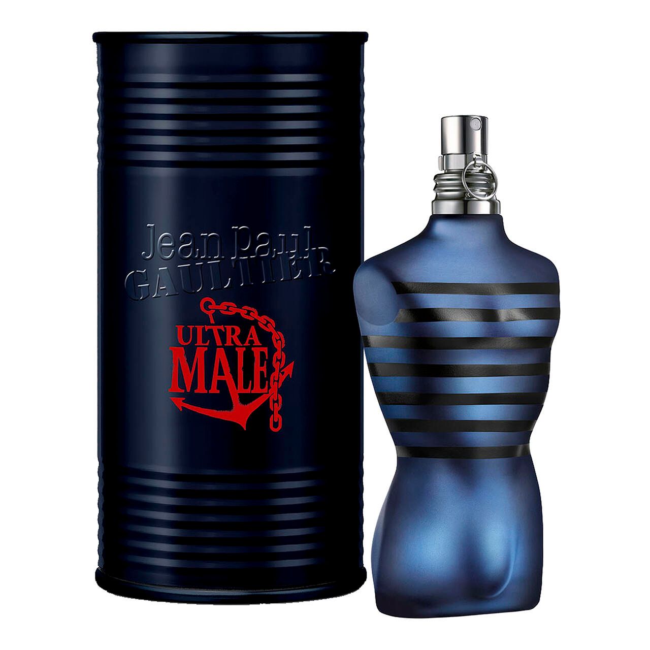 Blauer Flakon in Torsoform neben einer zylindrischen Dose. Auf der Dose steht "Jean Paul Gaultier Ultra Male".