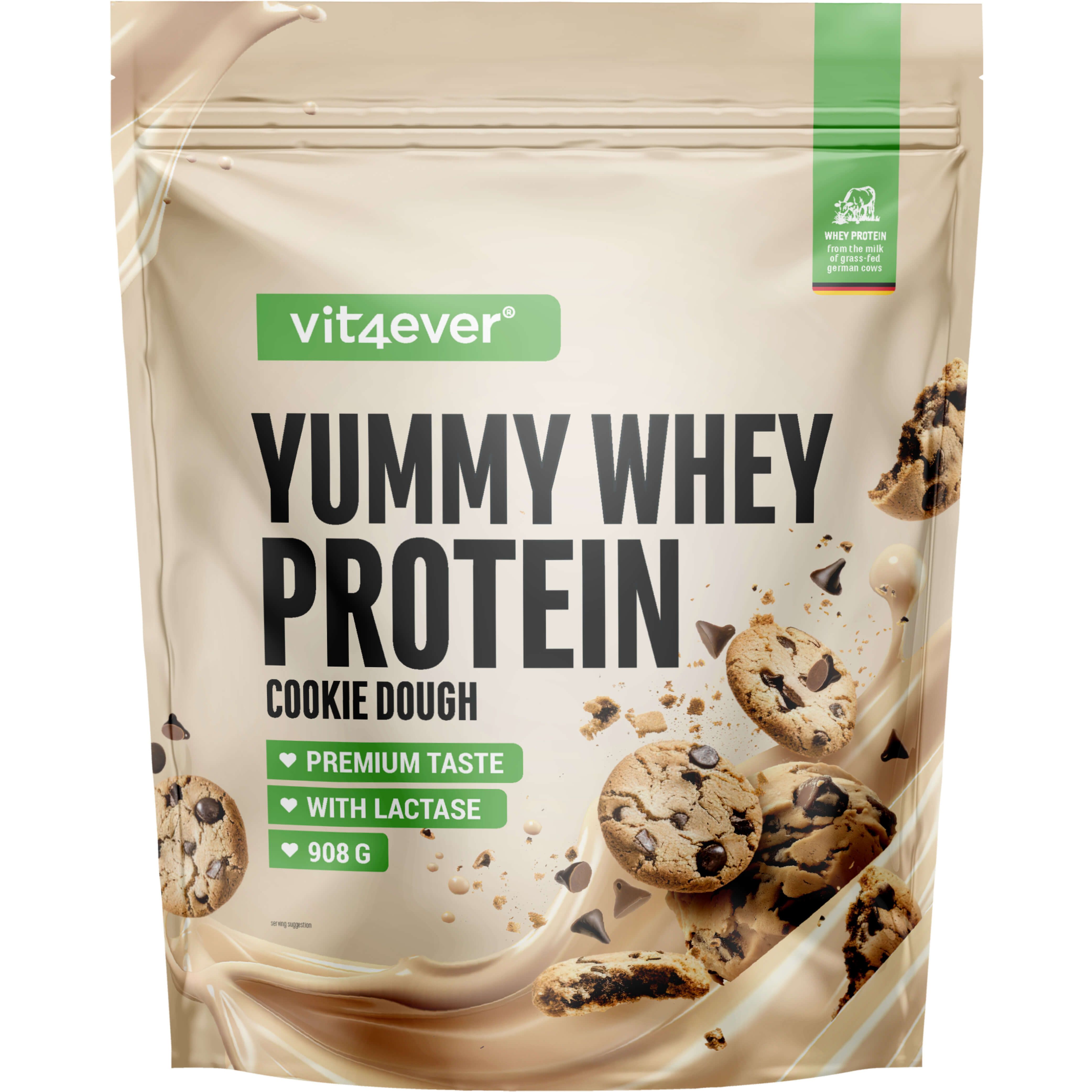 Beutel mit "Yummy Whey Protein Cookie Dough" von vit4ever. Aufdrucke: Premium Taste, mit Laktase, 908g. Kekse und Milch-Effekt.