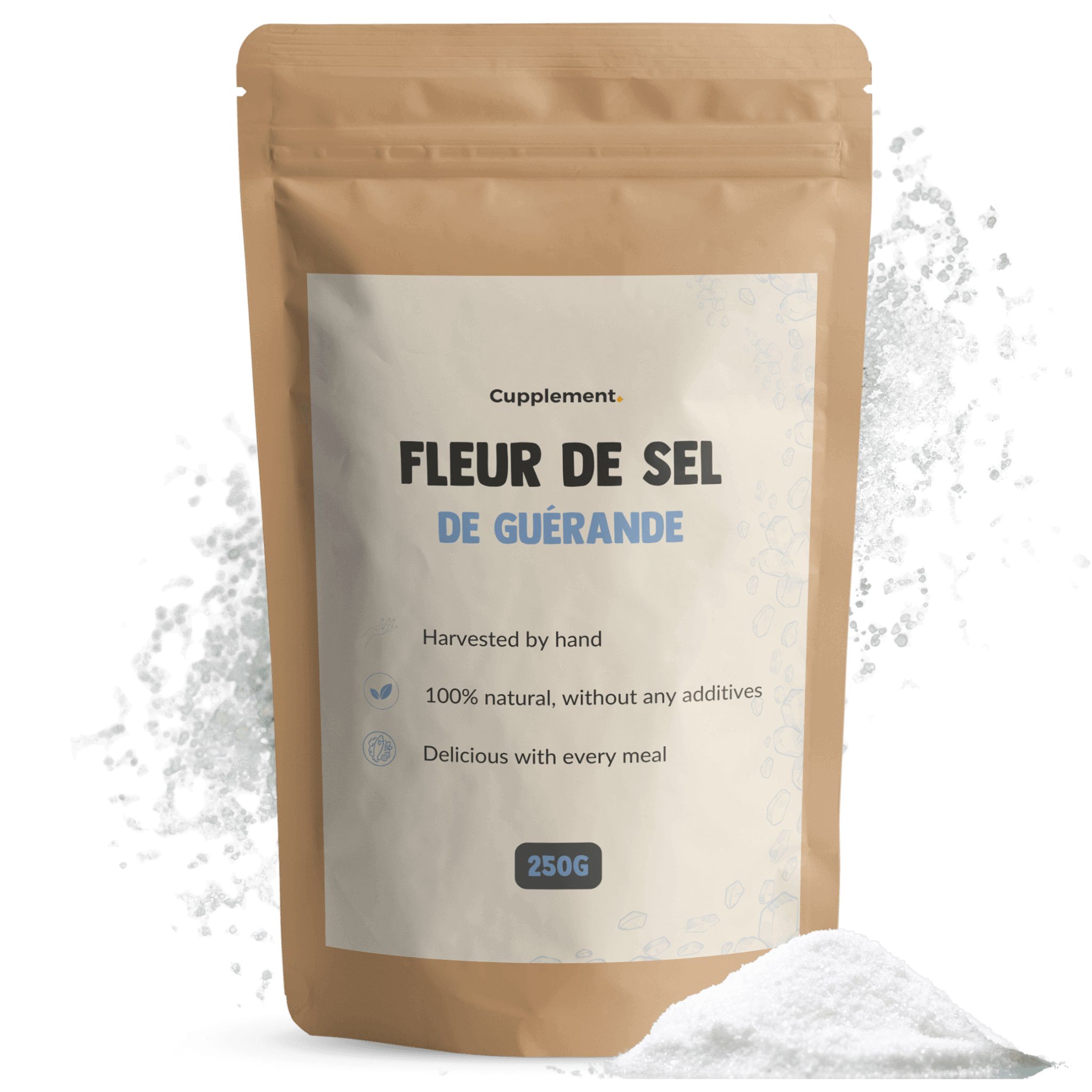 Beutel mit Salz. Aufschrift: Fleur de Sel de Guérande. 250g. Natürliches Salz, ohne Zusatzstoffe.