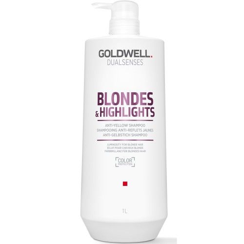 Weißer Goldwell Shampoo-Behälter mit Pumpe. Aufschrift: Blondes & Highlights, Anti-Gelbstich Shampoo. 1L.