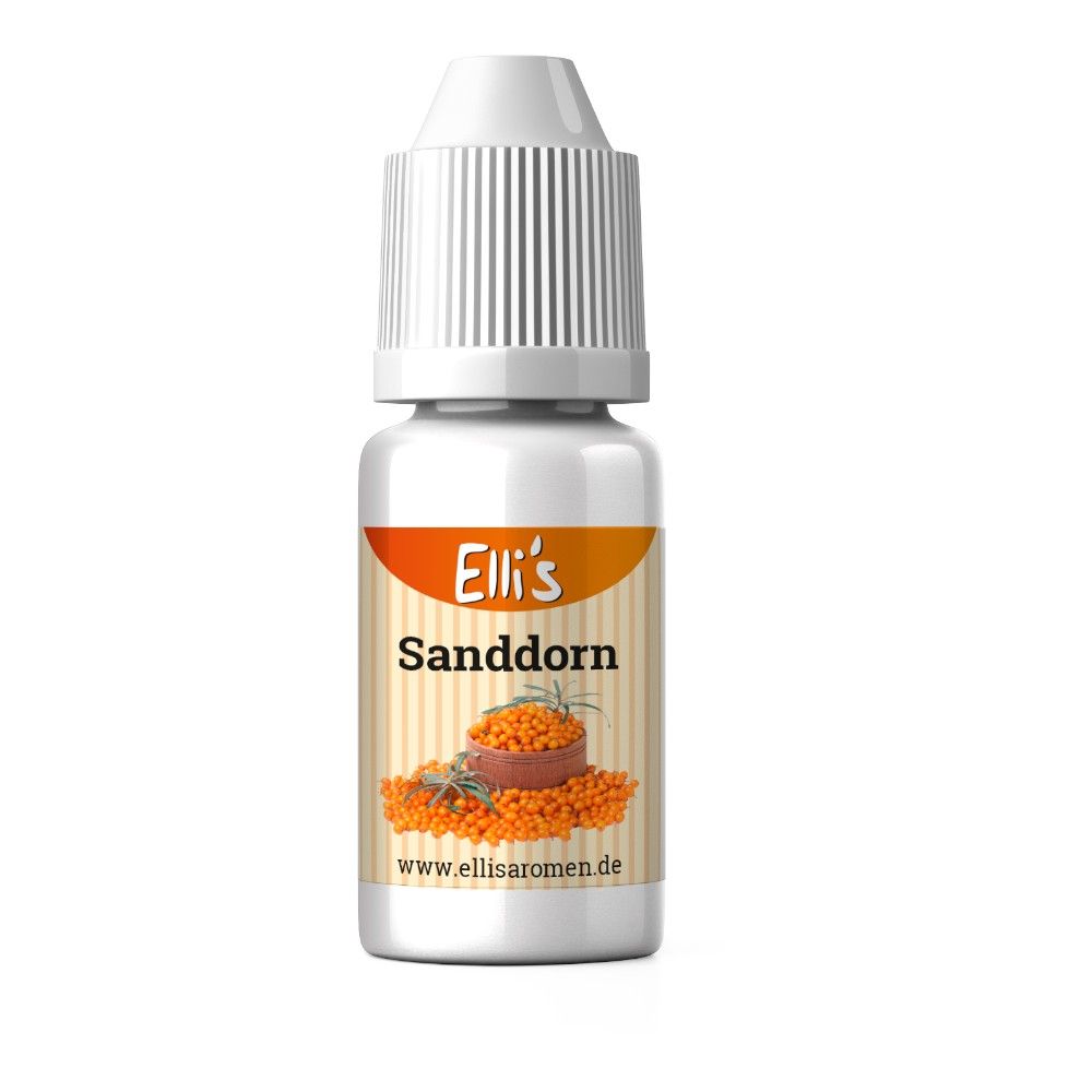 Fläschchen mit weißem Deckel. Etikett mit Produktname 'Sanddorn' und Abbildung von Sanddornbeeren. Marke: Elli's.