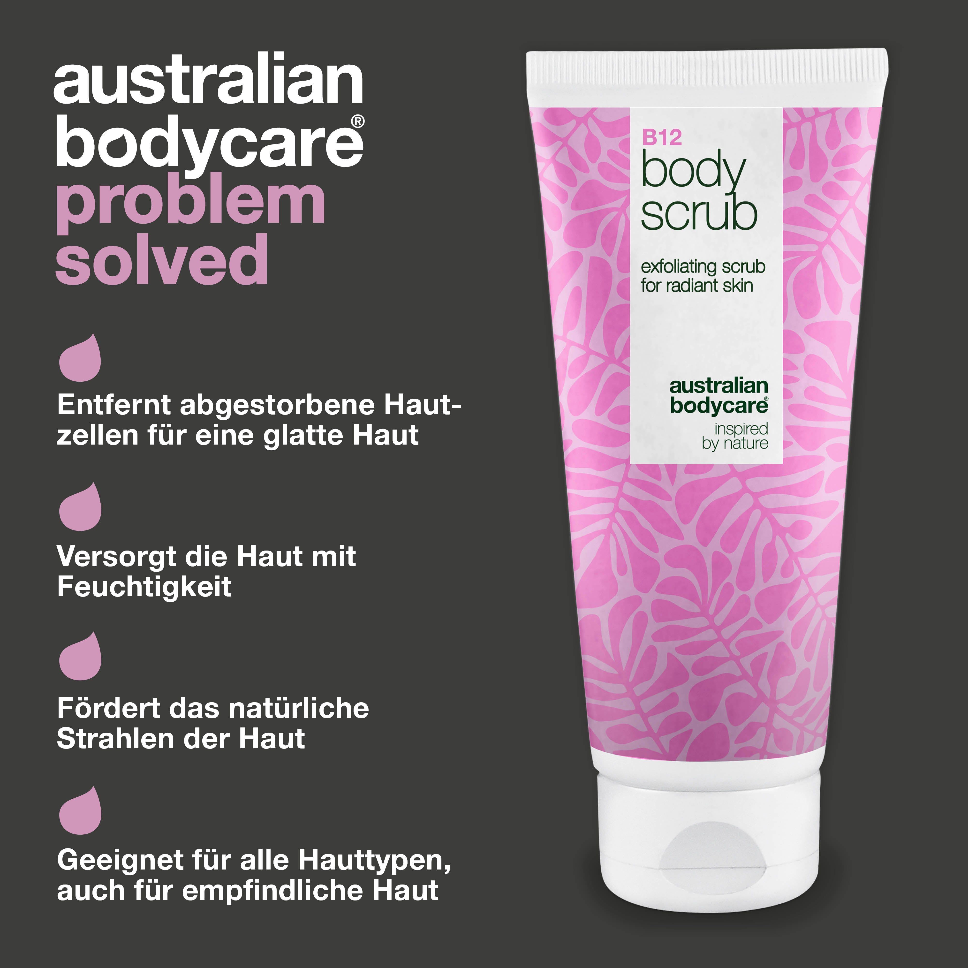 Tube Körperpeeling, rosa Hintergrund. Text: Australian Bodycare, B12 body scrub, entfernt abgestorbene Hautzellen.