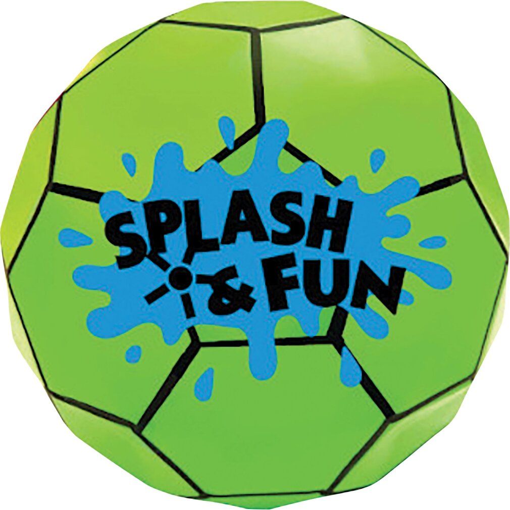 Grüner Bouncer Ball mit schwarzen Linien und blauem Splash-Design. Aufdruck: SPLASH & FUN. Ballform.
