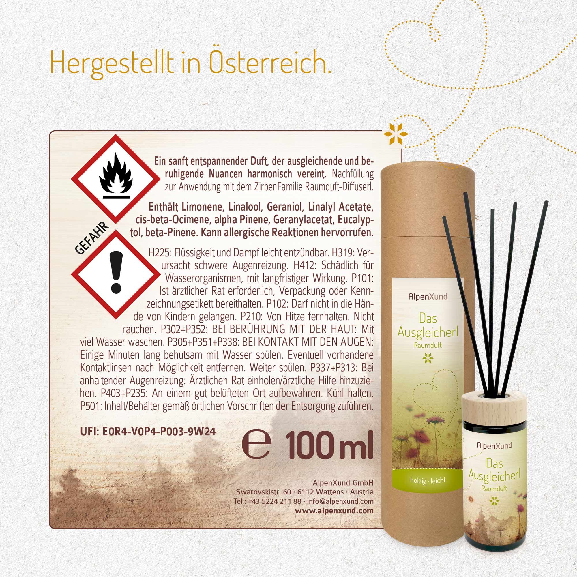 Gefahrenhinweise und Inhaltsstoffe des Raumduft-Diffusors. Pappverpackung, Flasche, Stäbchen. Aufschrift: AlpenXund, Das Ausgleicherl. 100 ml. Hergestellt in Österreich.