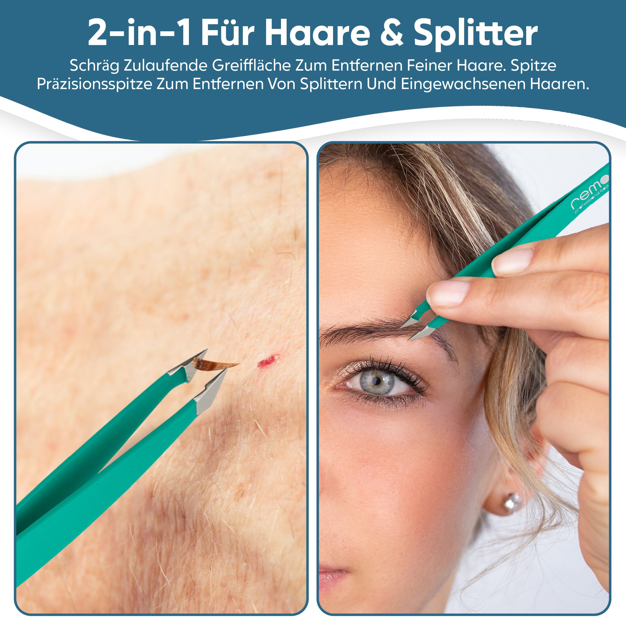 Türkise Pinzette mit schräg zulaufenden Greifflächen und spitzer Präzisionsspitze.