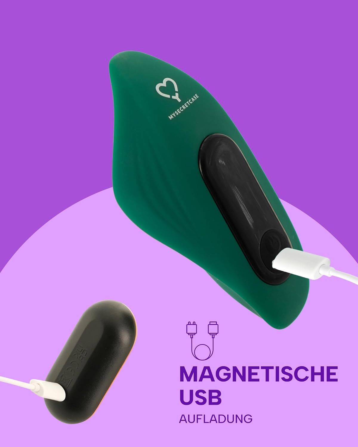 Grüner Vibrator mit Herz-Logo, magnetischem USB-Ladekabel und Anleitung.