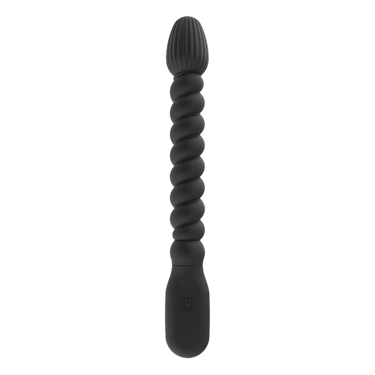 Schwarzer Vibrator mit geriffelter Spitze und spiralförmigem Schaft. Am Ende befindet sich ein Bedienfeld mit Ein/Aus-Symbol.