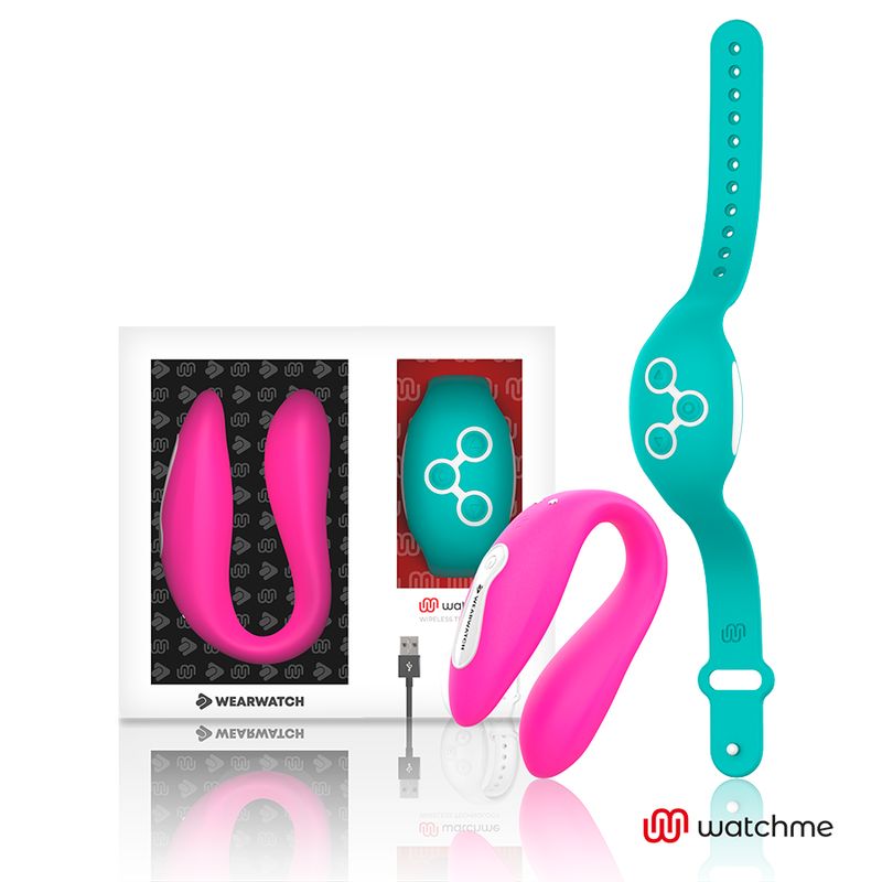 Pinker Wearwatch Dual-Technologie-Vibrator mit Armband und Ladekabel.
