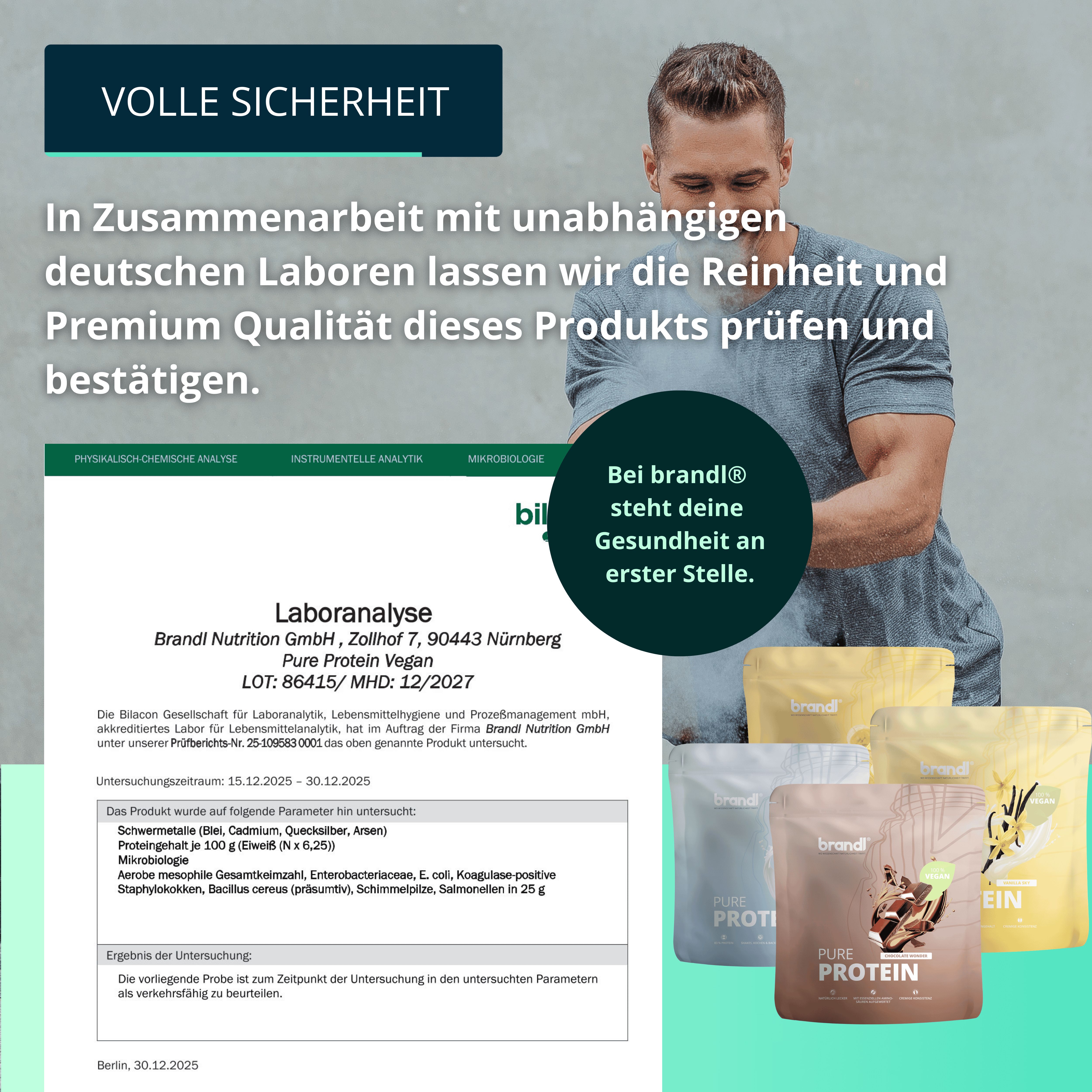 Laboranalyse-Dokument. Daneben: mehrere Beutel brandl® Pure Protein. Aufschrift: Bei brandl® steht deine Gesundheit an erster Stelle.