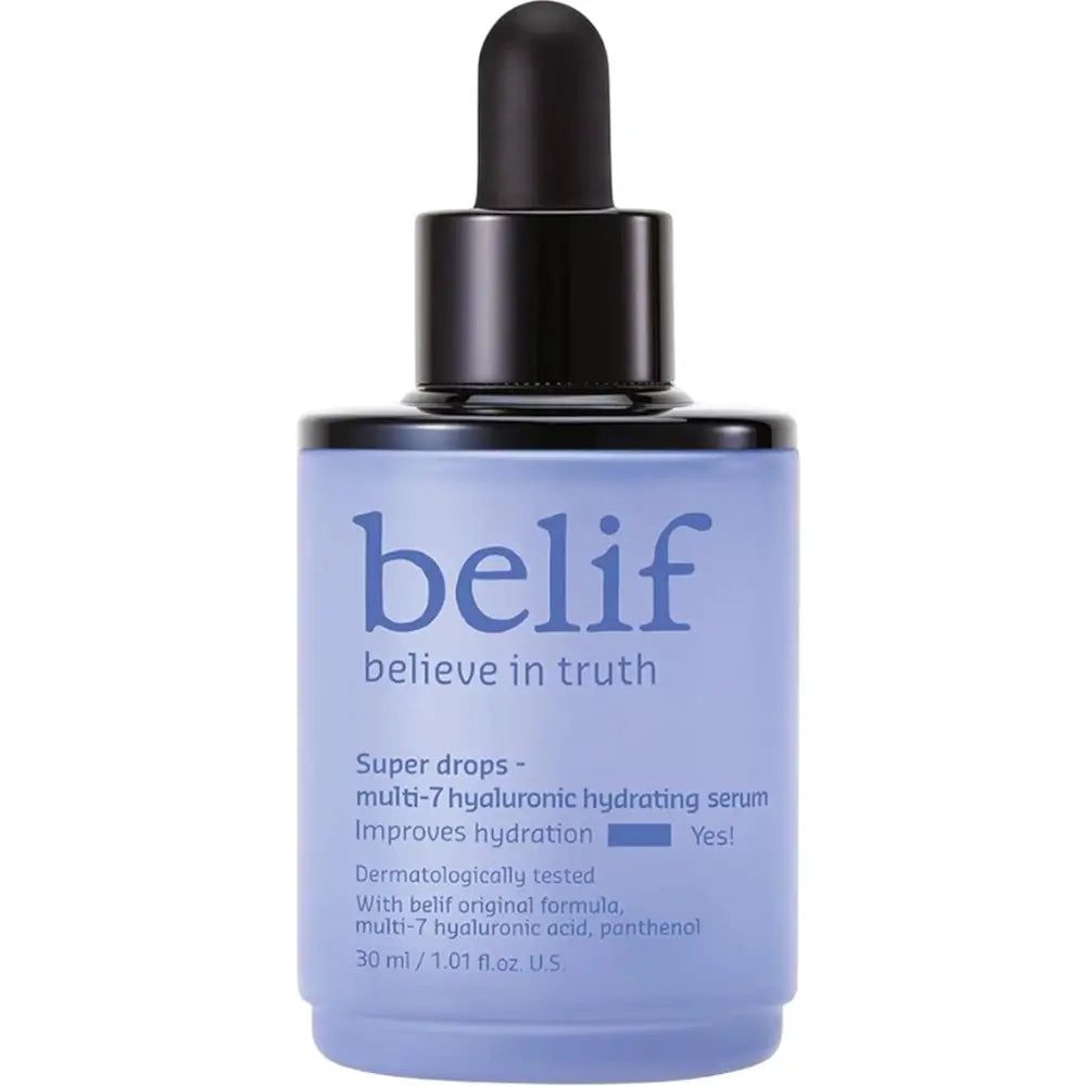 Belif Super Drops Serum Flasche mit Pipette. Hellblaue Verpackung mit schwarzem Verschluss.