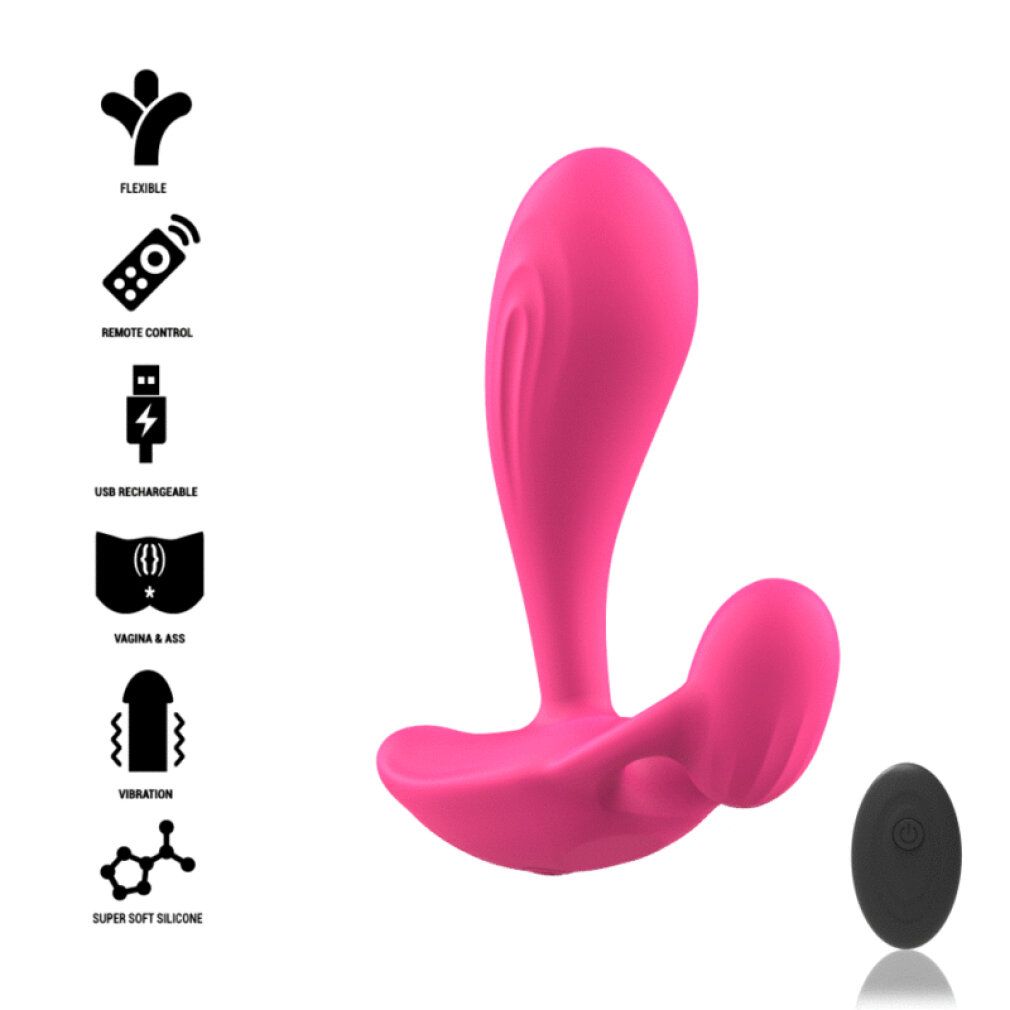 Rosa Vibrator mit schwarzer Fernbedienung. Symbole für flexible, Fernbedienung, USB, Vagina & Ass, Vibration.
