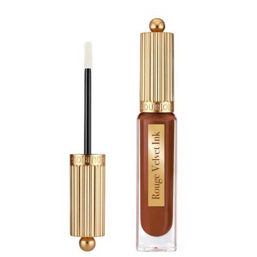 Flüssiger Lippenstift in brauner Farbe mit Applikator und goldenem Deckel.