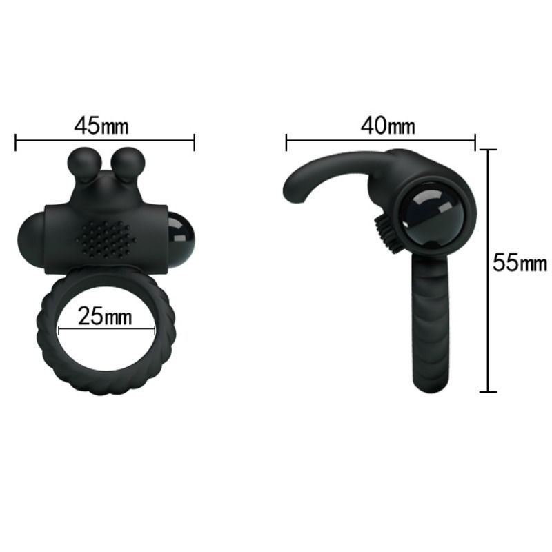 Zwei schwarze Penisring-Designs. Links: Ring mit Kugeln und Noppen. Rechts: Design mit gebogener Form und Maßen.