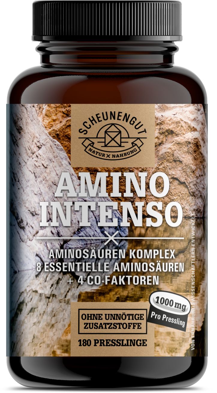 Braune Glasflasche mit Produktetikett. Text: Amino Intenso, 8 essentielle Aminosäuren + 4 Co-Faktoren, 180 Presslinge.