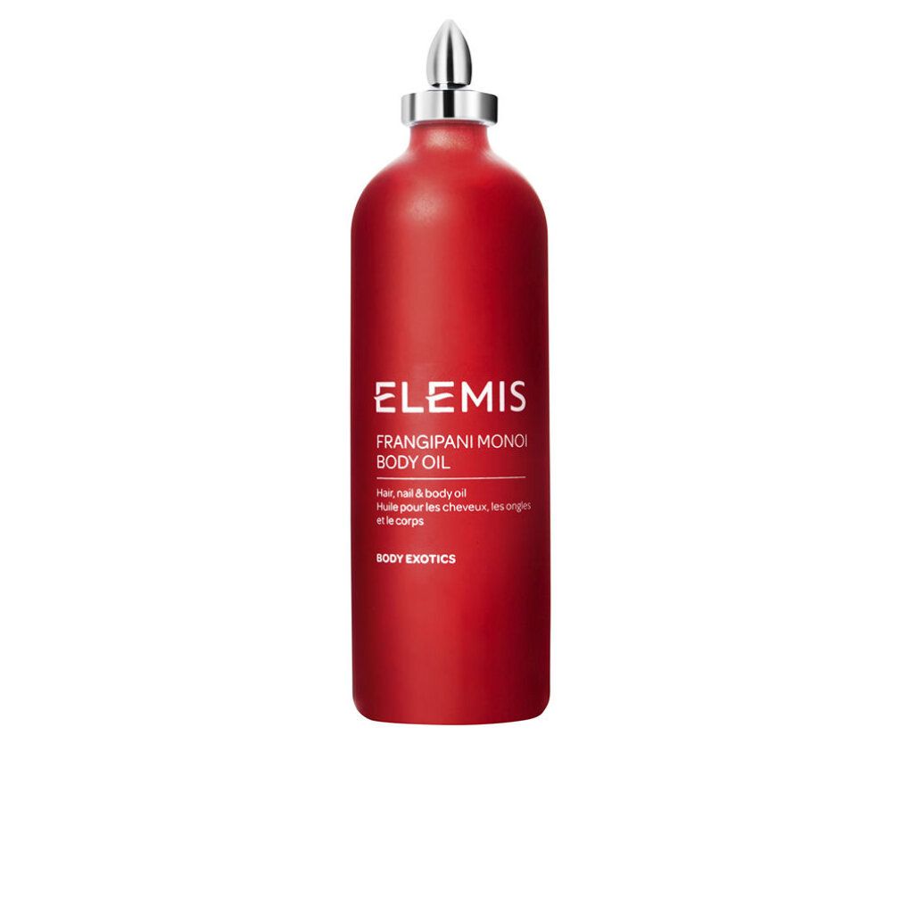Rote Flasche mit silbernem Verschluss. Text: Elemis Frangipani Monoi Body Oil. Produktbezeichnung und Text in Weiß.