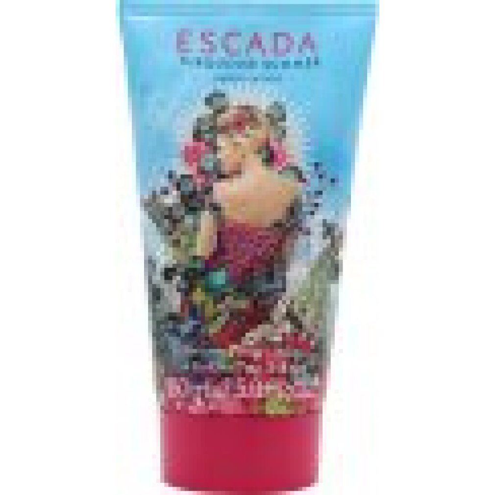 Türkisblaue Tube mit Aufdruck. Frau mit Blumenmuster. Text: Escada Turquoise Summer, Limited Edition, Body Lotion, 150ml.