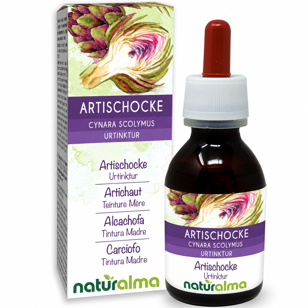 Naturalma Artischocke Urtinktur Tropfflasche und Faltschachtel mit Artischockenabbildung.
