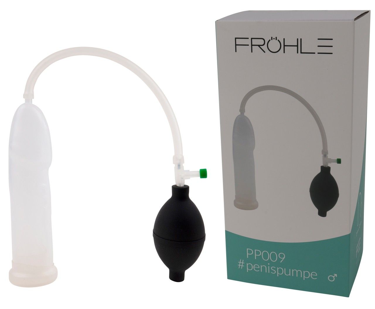 Fröhle PP009 anatomische Penis Pumpe Slim Fit neben der Verpackung.