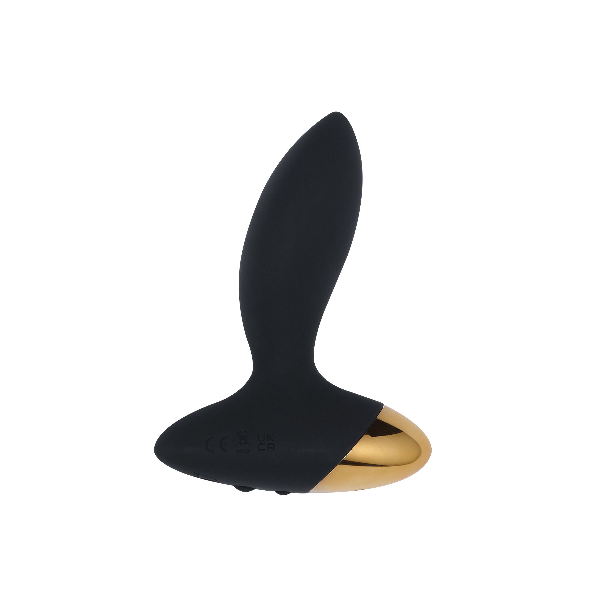 Schwarzer Analvibrator mit goldfarbenem Fuß. Der Vibrator hat eine längliche Form und eine abgerundete Basis.