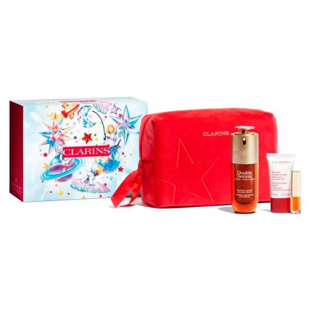Geschenkset mit Serum, Creme, und roter Kosmetiktasche. Verpackung mit Sternen und Produktnamen. Marke Clarins.
