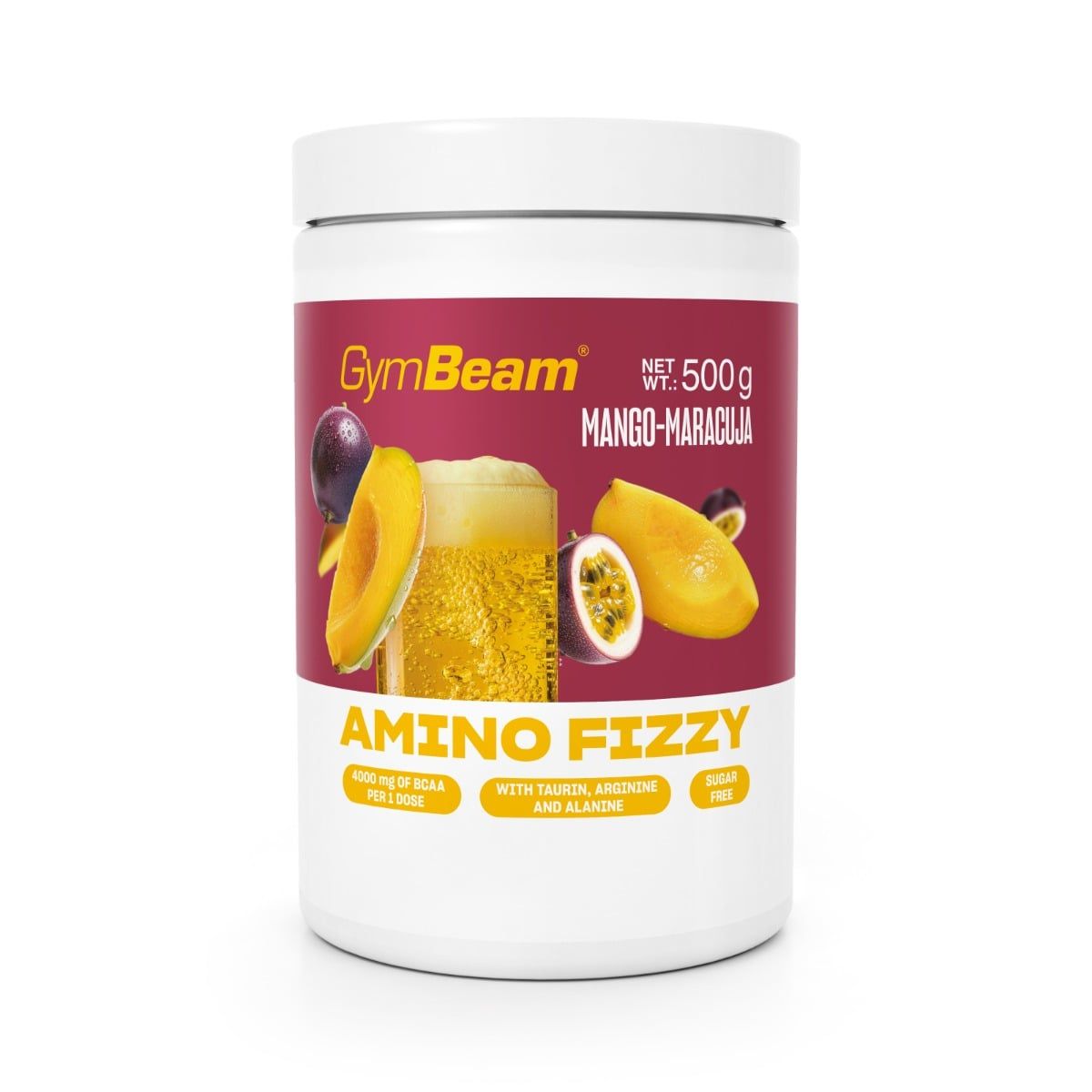 GymBeam Amino Fizzy Mango-Maracuja Brausepulver, 500g Dose mit Fruchtabbildungen und Nährwertangaben.