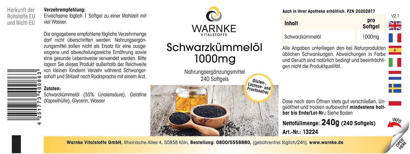 Etikett mit Text: WARNKE, Schwarzkümmelöl 1000mg, 240 Softgels. Abbildung von Samen und Öl. Text und Logo.