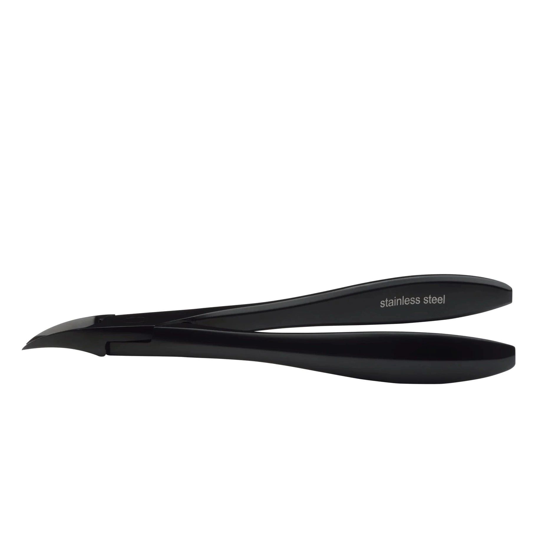 Schwarze Nagelzange, Edelstahl. Gebogene Form, Griff mit Schriftzug.