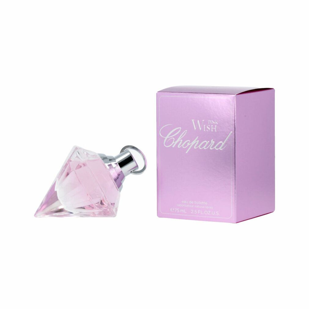 Rosa Parfümflasche und rosa Schachtel. Aufschrift "WISH CHOPARD". Flasche diamantförmig.