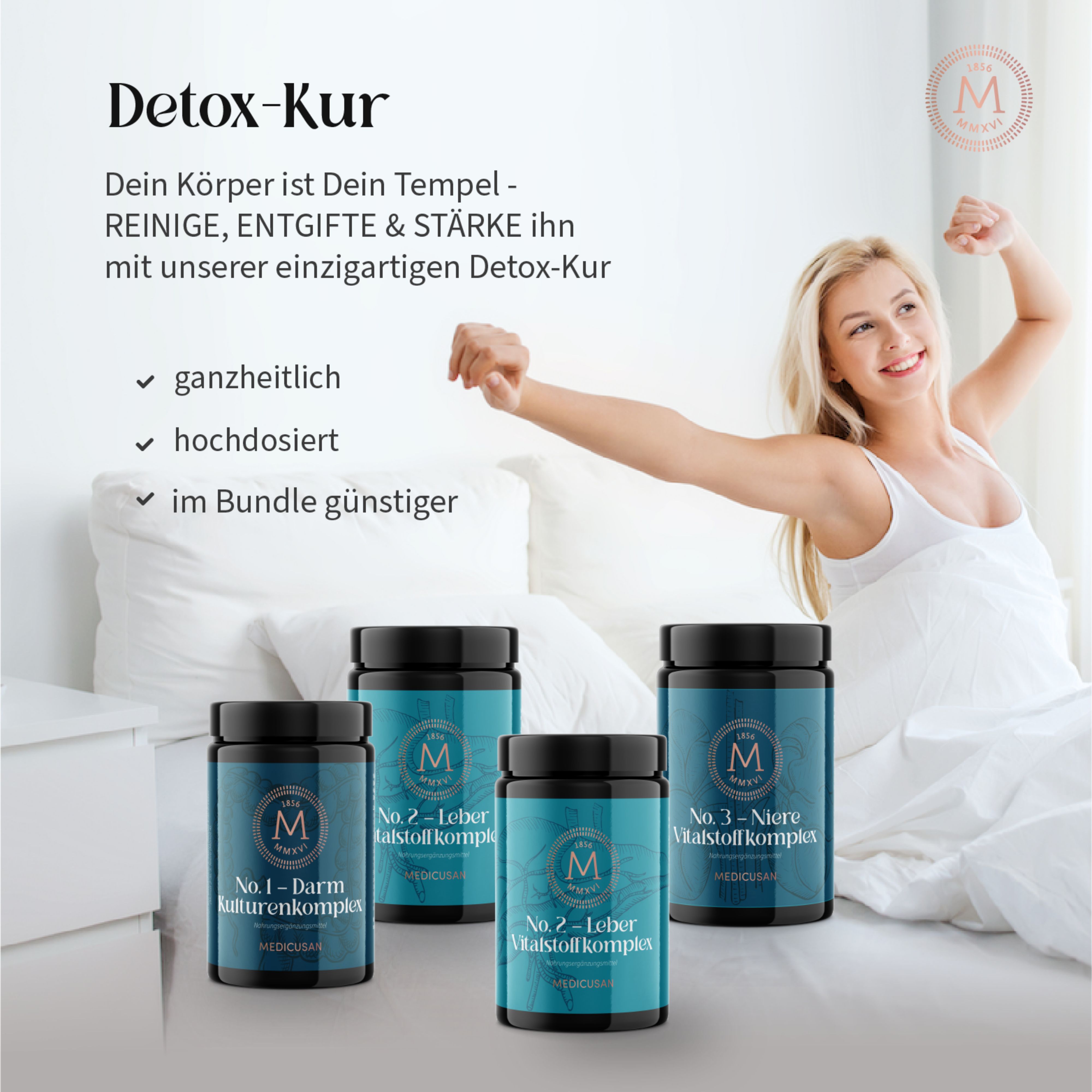 Frau im Bett mit MEDICUSAN-Produkten. Vier Dosen mit schwarzen Deckeln und blauen Etiketten. Text: No. 1, 2, 3. Detox-Kur.