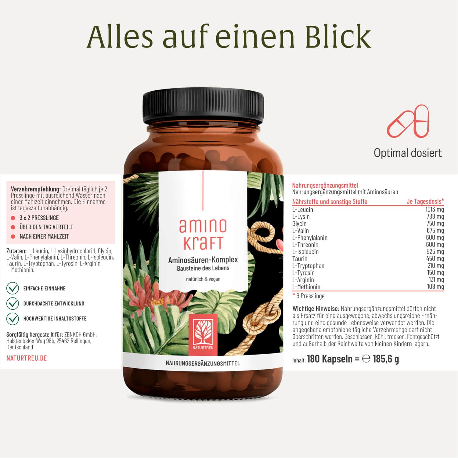 Flasche Aminosäuren-Komplex EAA mit Übersicht zu Einnahme, Inhaltsstoffen und Dosierung.