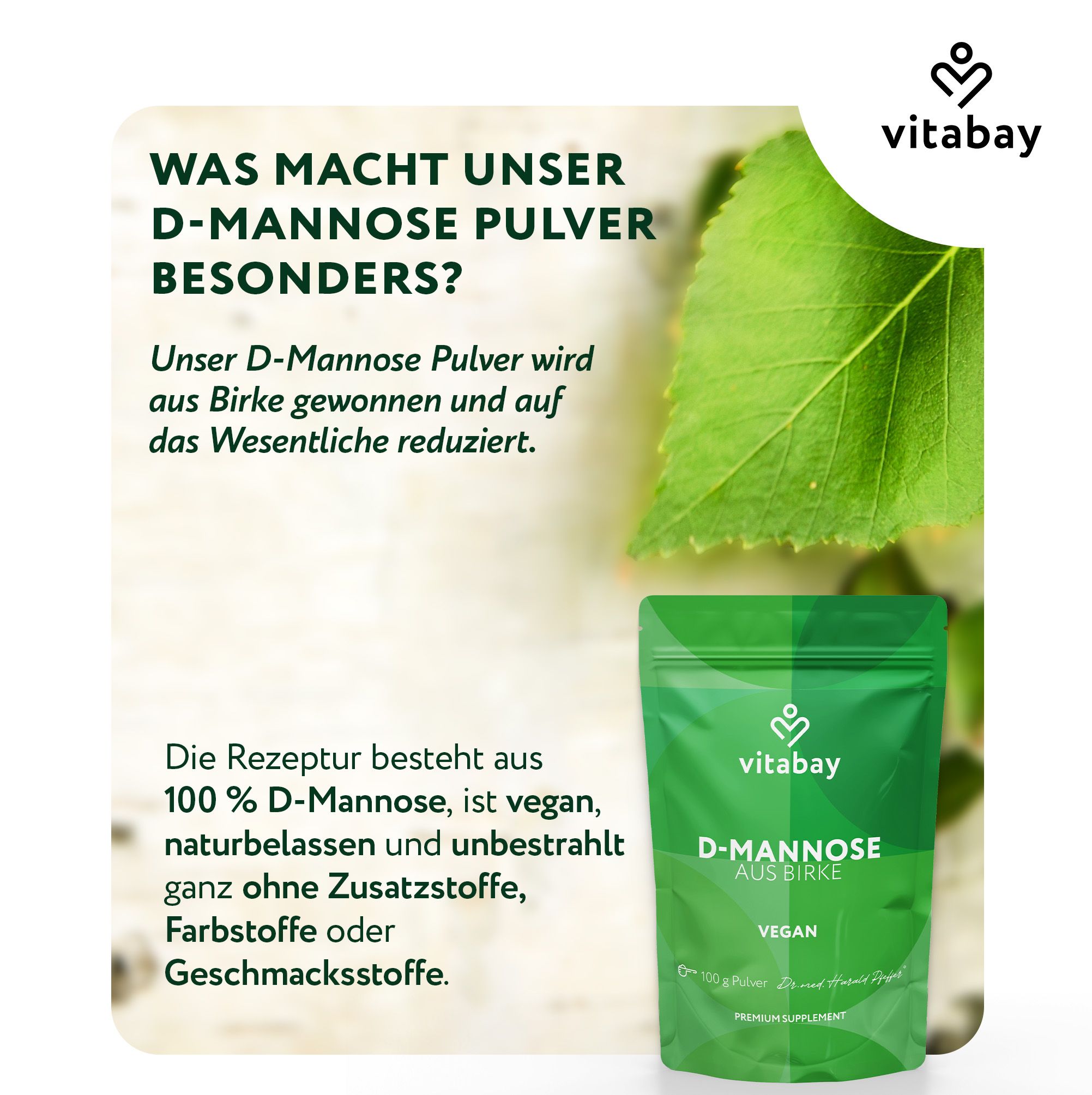 Vitabay D-Mannose aus Birke Beutel vor Birkenwald. "Birke als Ursprung. Klarheit als Prinzip."