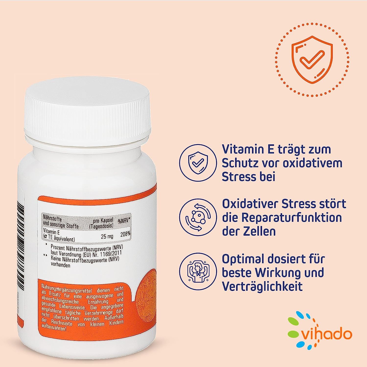 Weiße Pillendose mit orangefarbenem Etikett. Text: Vitamin E, 25mg. Logos und Text auf orangefarbenem Hintergrund.
