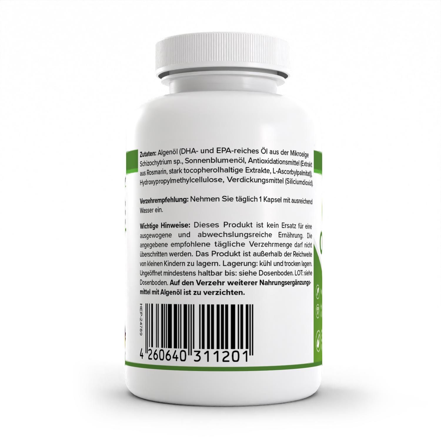 Rückseite der weißen Flasche. Enthält Zutaten, Verzehrempfehlung und Hinweise. Mit Barcode und Chargennummer.