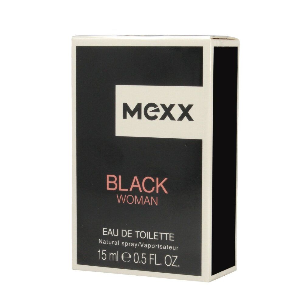 Karton mit MEXX-Logo und Schriftzug BLACK WOMAN. Text: Eau de Toilette, 15 ml.