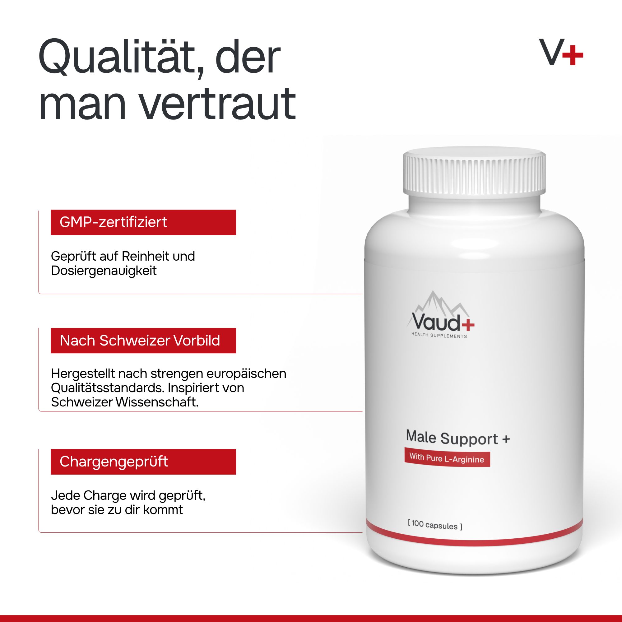 Eine weiße Flasche Vaud+ Male Support mit Zertifizierungen für GMP, Schweizer Standards und Chargenprüfung.