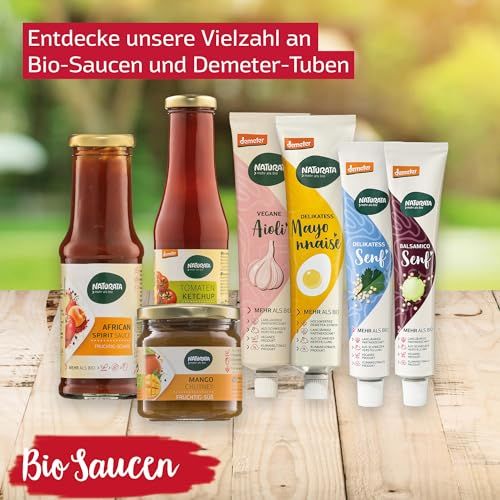 Naturata Bio-Saucen und Demeter-Tuben: Remoulade, Mayo, Senf, Ketchup und Mango-Chutney.