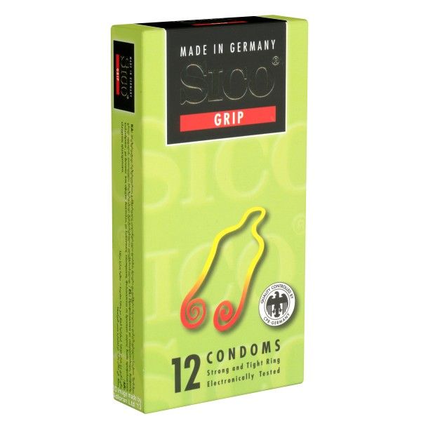 Grüne Schachtel mit 12 Kondomen. Aufschrift: Sico Grip, Made in Germany. Mit Qualitätszeichen.