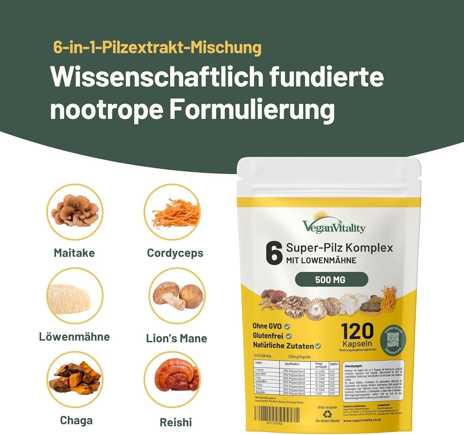 Vegan Vitality 6 Super Pilz Complex Kapseln