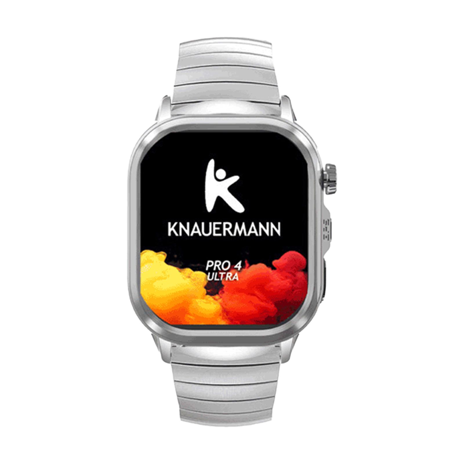 Knauermann PRO 4 Ultra Gesundheitsuhr mit weißem Armband und farbigem Display.