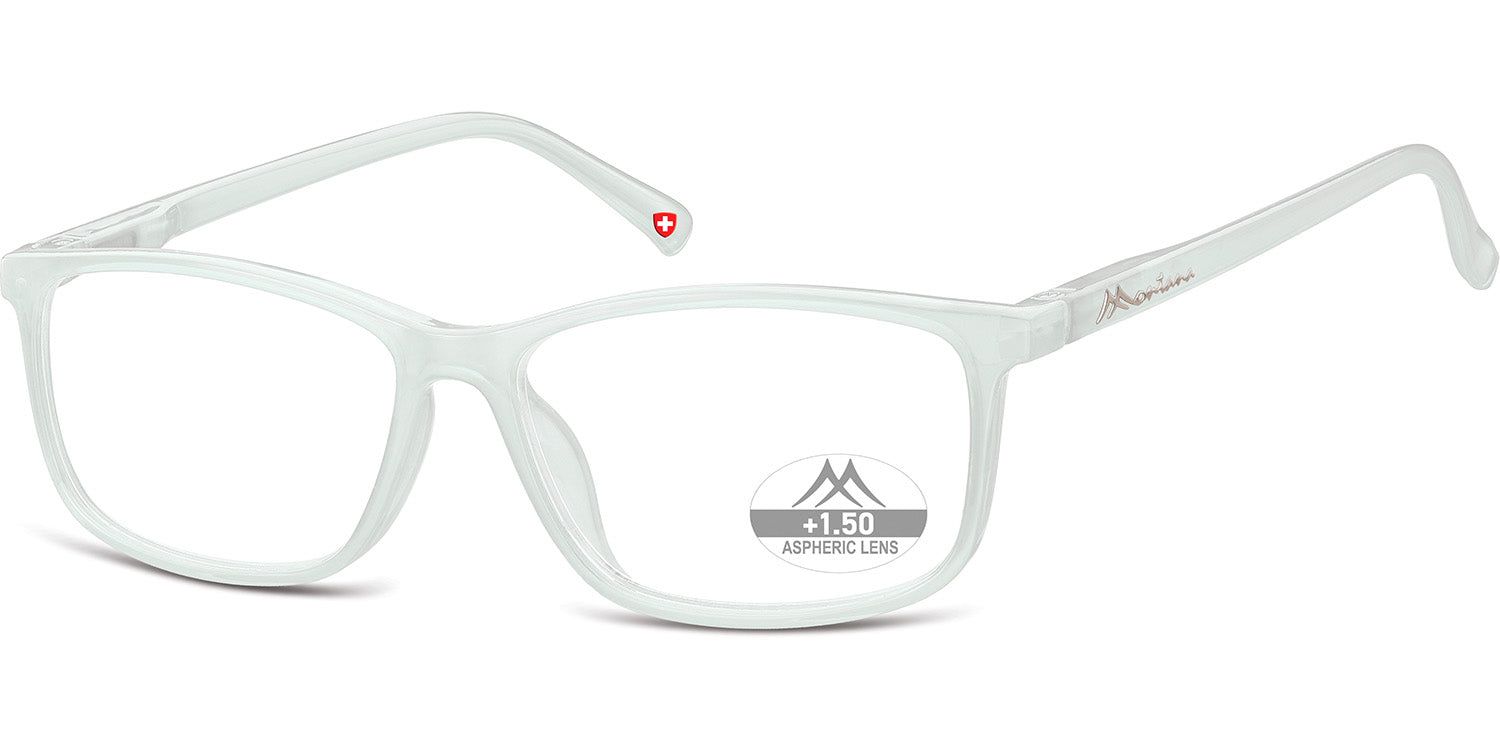 Brille mit rechteckigem Rahmen, hellgrau. Auf dem Glas steht "+1.50". Am Bügel ist ein rotes Herzsymbol.