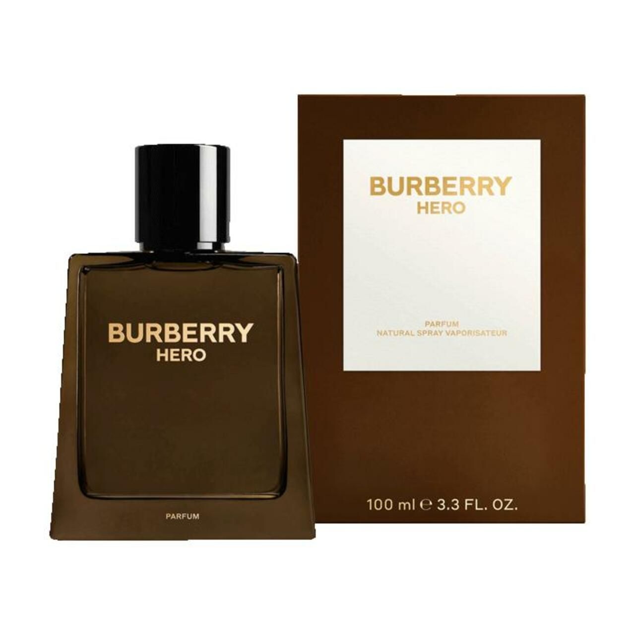 Burberry Hero Parfum Nat. Spray und Verpackung. Braune Flasche und Box. Goldener Schriftzug.