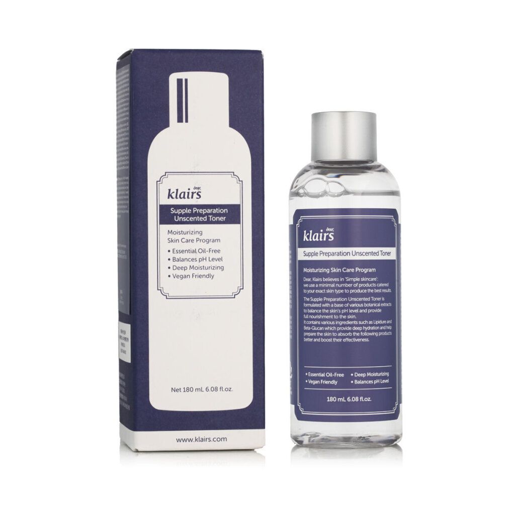 Produktflasche und Verpackung. Flasche mit silbernem Deckel, violettem Etikett. Text: Dear Klairs Supple Preparation Unscented Toner.