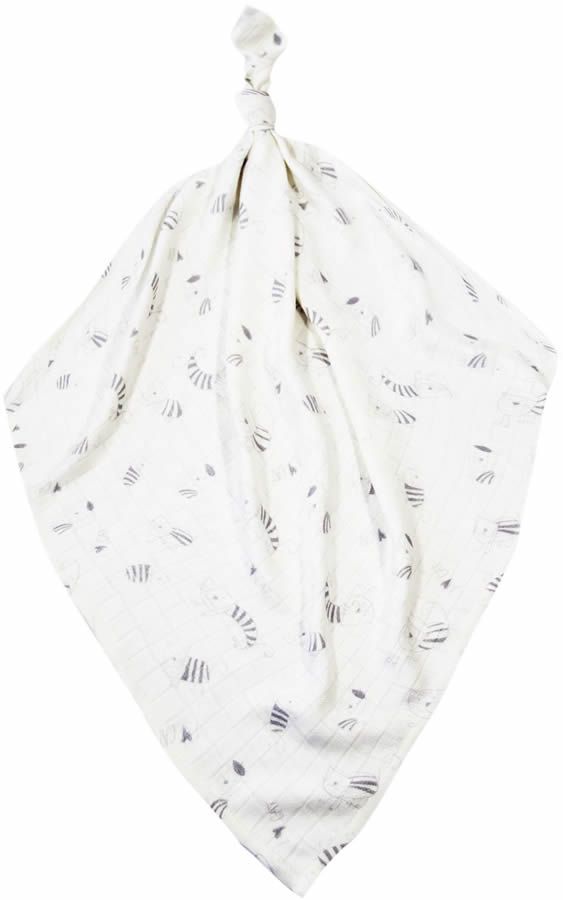 Weißes Mulltuch mit Katzenmuster. Quadratische Form, geknotet. Graue Katzen-Illustrationen auf hellem Hintergrund.